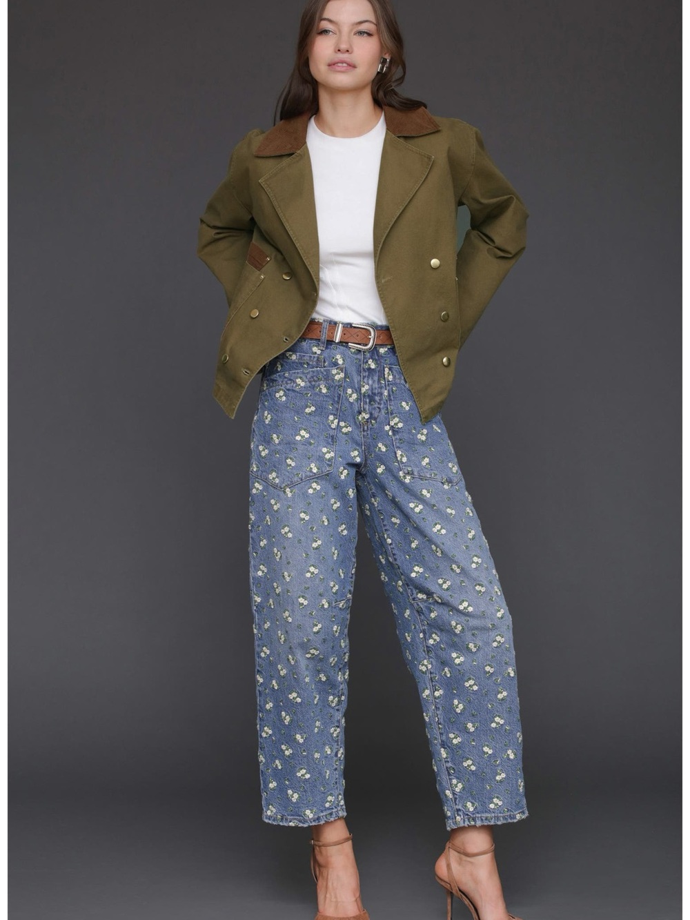 Avec Les Filles Floral Print Denim Barrel Jeans size 26